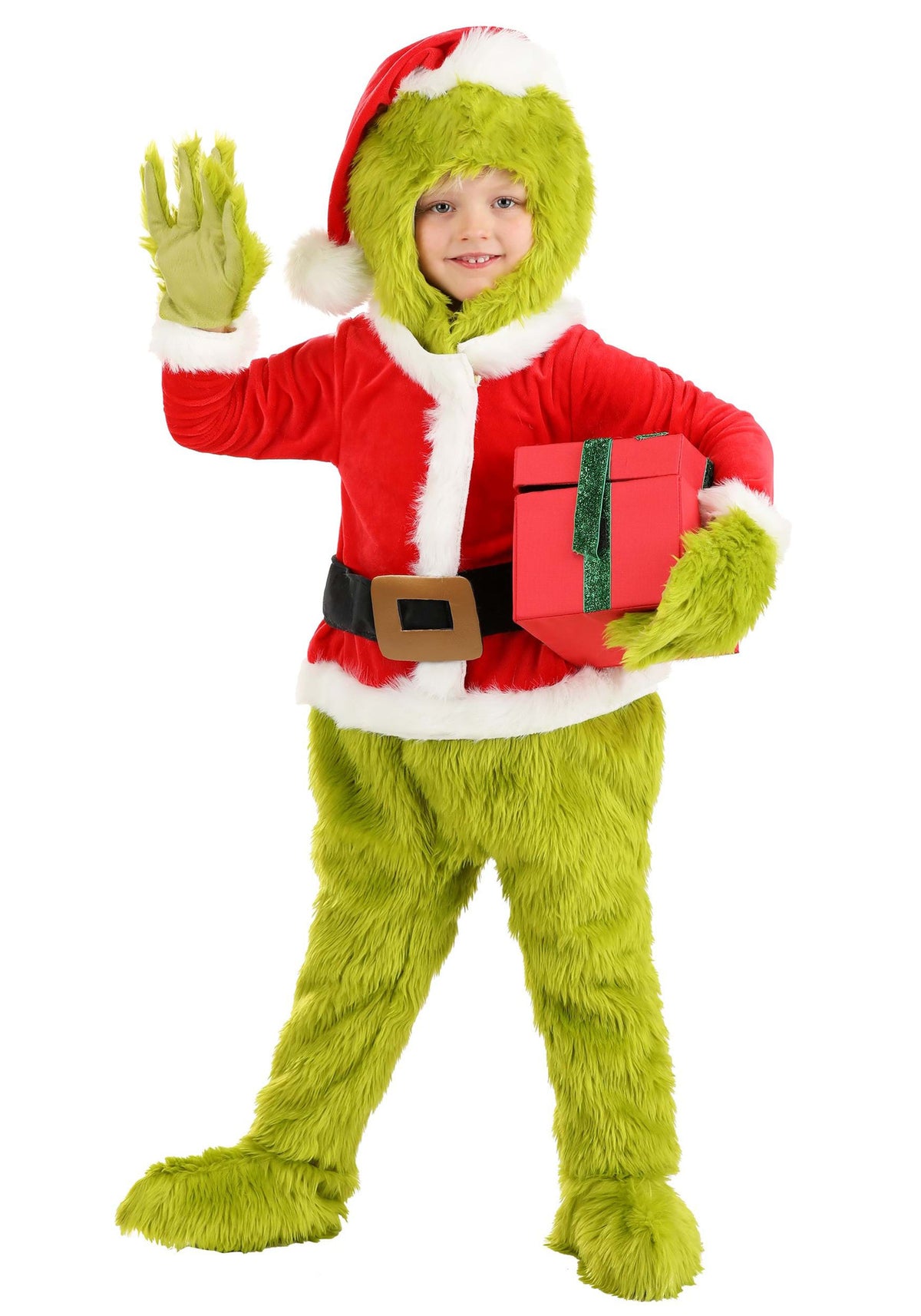 Size 130 option: child waving in the green fur and red Santa costume, holding a red gift box