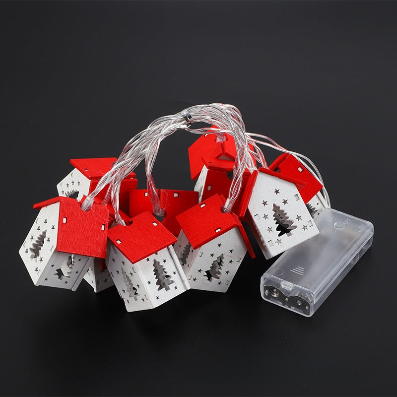 Wooden house LED string lights, Christmas Tree Small House design, option image for 3 m, 20 lamps, USB