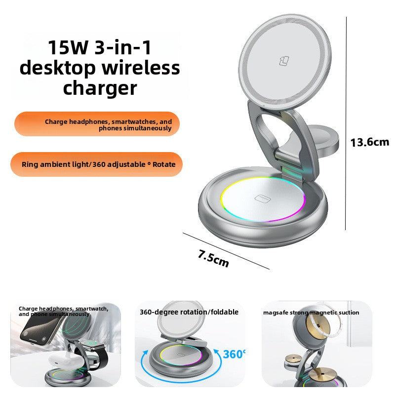 Silver foldable 208 15W 3-in-1 charging stand over a ring light base, 13.6 cm high with a 7.5 cm base