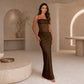 Brown lace panel spaghetti strap maxi dress in an arched neutral interior, size L option