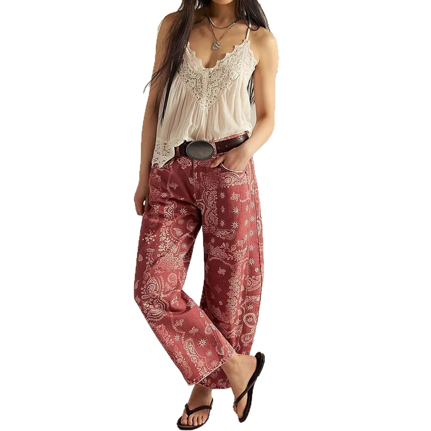 Floral Print Denim Wide Leg Trousers