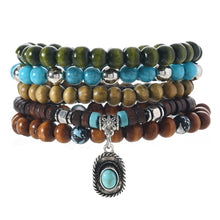Boho Coconut Bracelet Set, 5-Piece Wood and Turquoise Stretch Stack