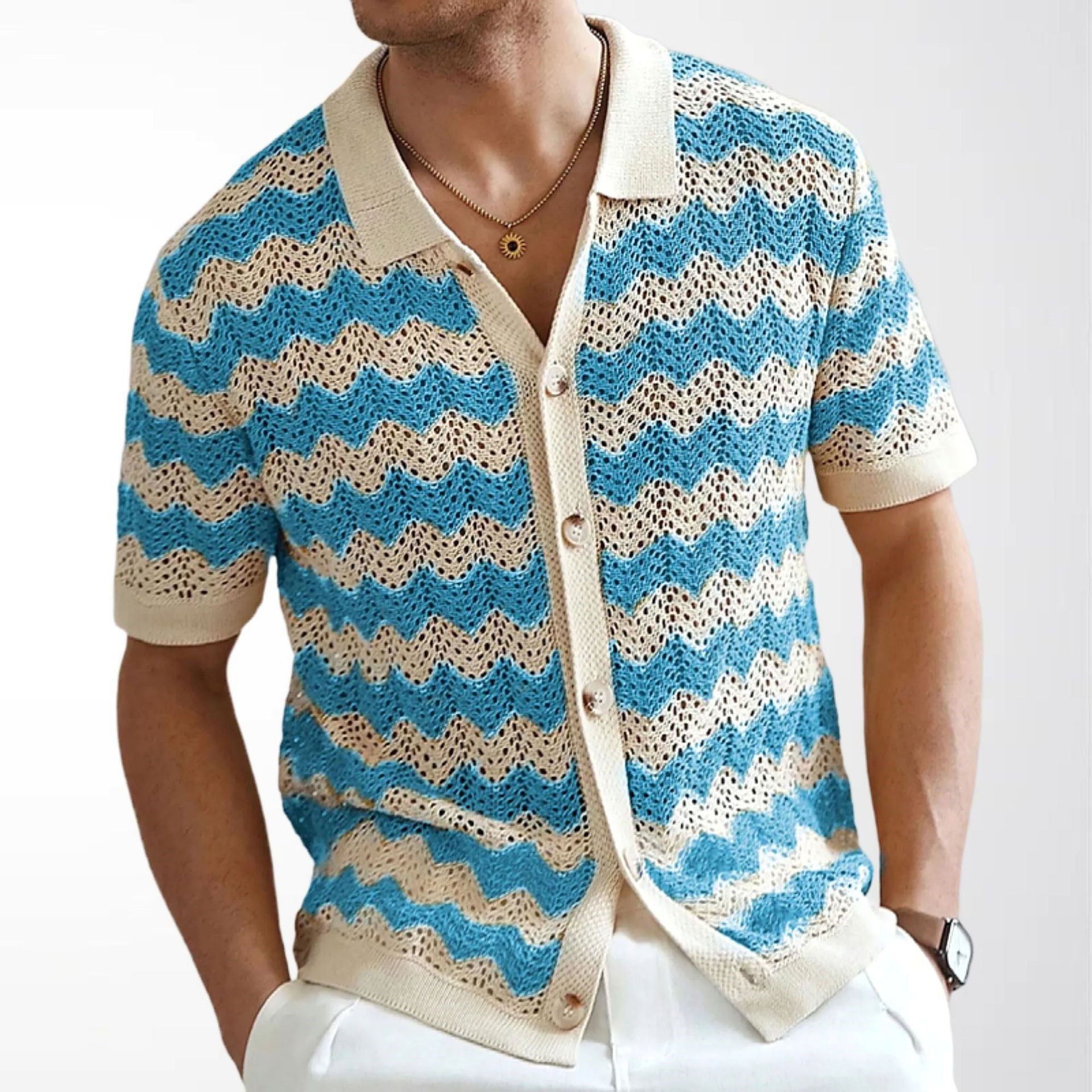 Front view of blue ripple knit button front polo shirt on model
