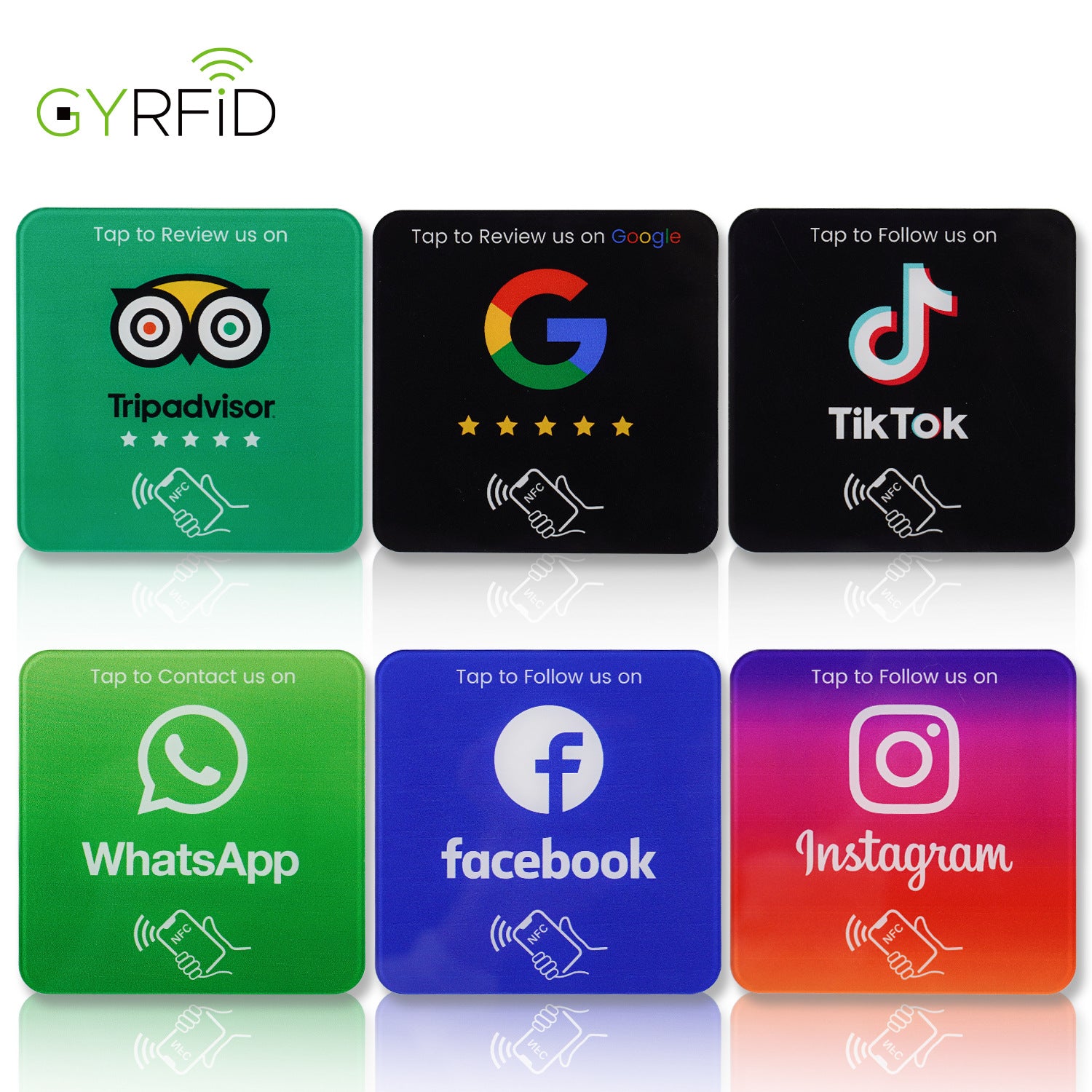 Instagram follow NFC sticker on clear acrylic beside a smartphone