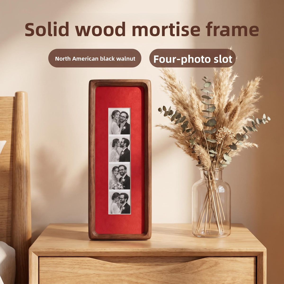 Solid wood mortise frame with red lining on a nightstand beside dried pampas grass in a glass vase