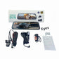 Mirror dash cam in its box with a rear camera, cables and a manual, option image for the 10in Touch Triple-Lens