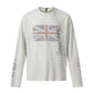 Light gray long sleeve t-shirt with a Union Jack print, a small figure and lettering, front view