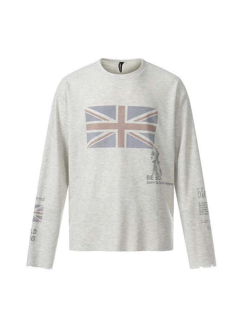 Light gray long sleeve t-shirt with a Union Jack print, a small figure and lettering, front view