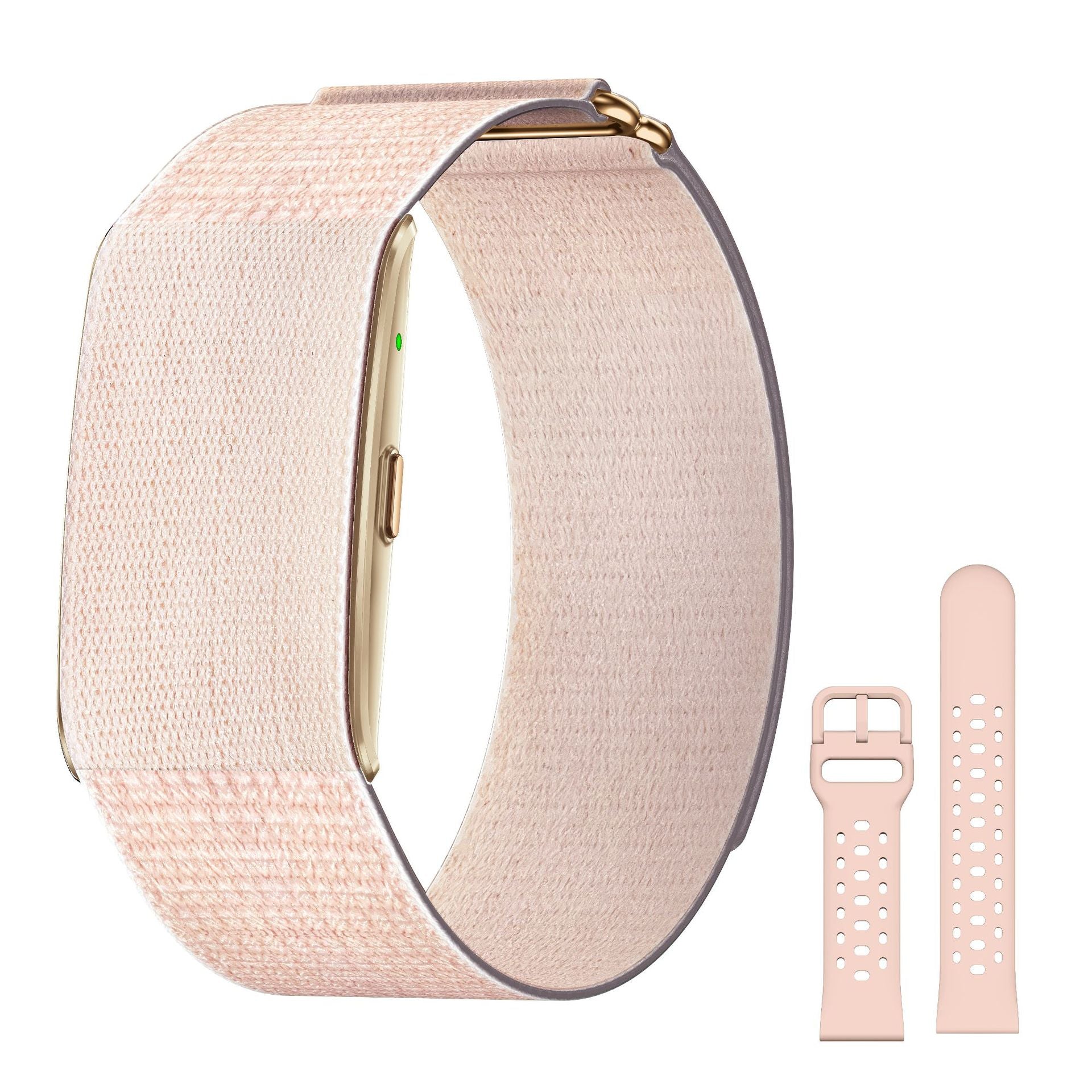 Rose woven strap smart bracelet with a gold capsule shown with a spare pink silicone strap