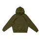 Army Green pullover hoodie with front pouch pocket and rib knit cuffs flat on white, size M option