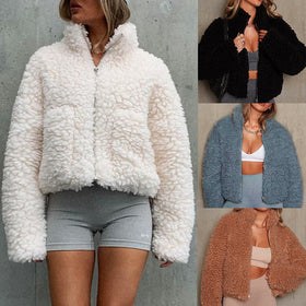 Womens Teddy Fleece Stand Collar Zip Jacket