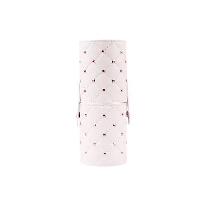 White PU leather makeup brush holder with gold pyramid studs and quilted diamond pattern, lid closed