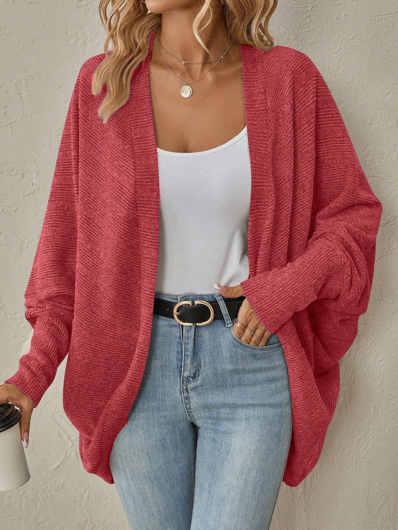 Close view of the ribbed knit on a light gray womens open front cardigan