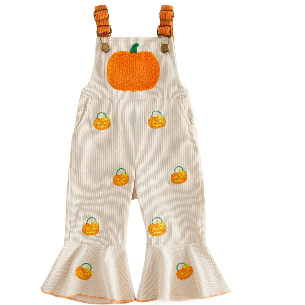 Cream ribbed flared overalls with pumpkin embroidery and an orange bib patch, Cream 4-5Y option photo