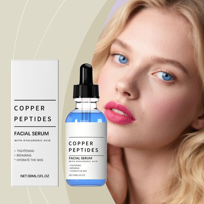 Copper peptides and hyaluronic acid facial serum in a glass dropper bottle beside its box, 30 ml