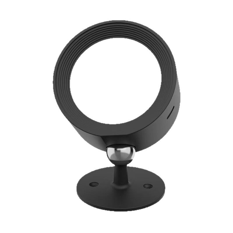Black wall light with a ringed round head on a chrome ball joint and flat round mount
