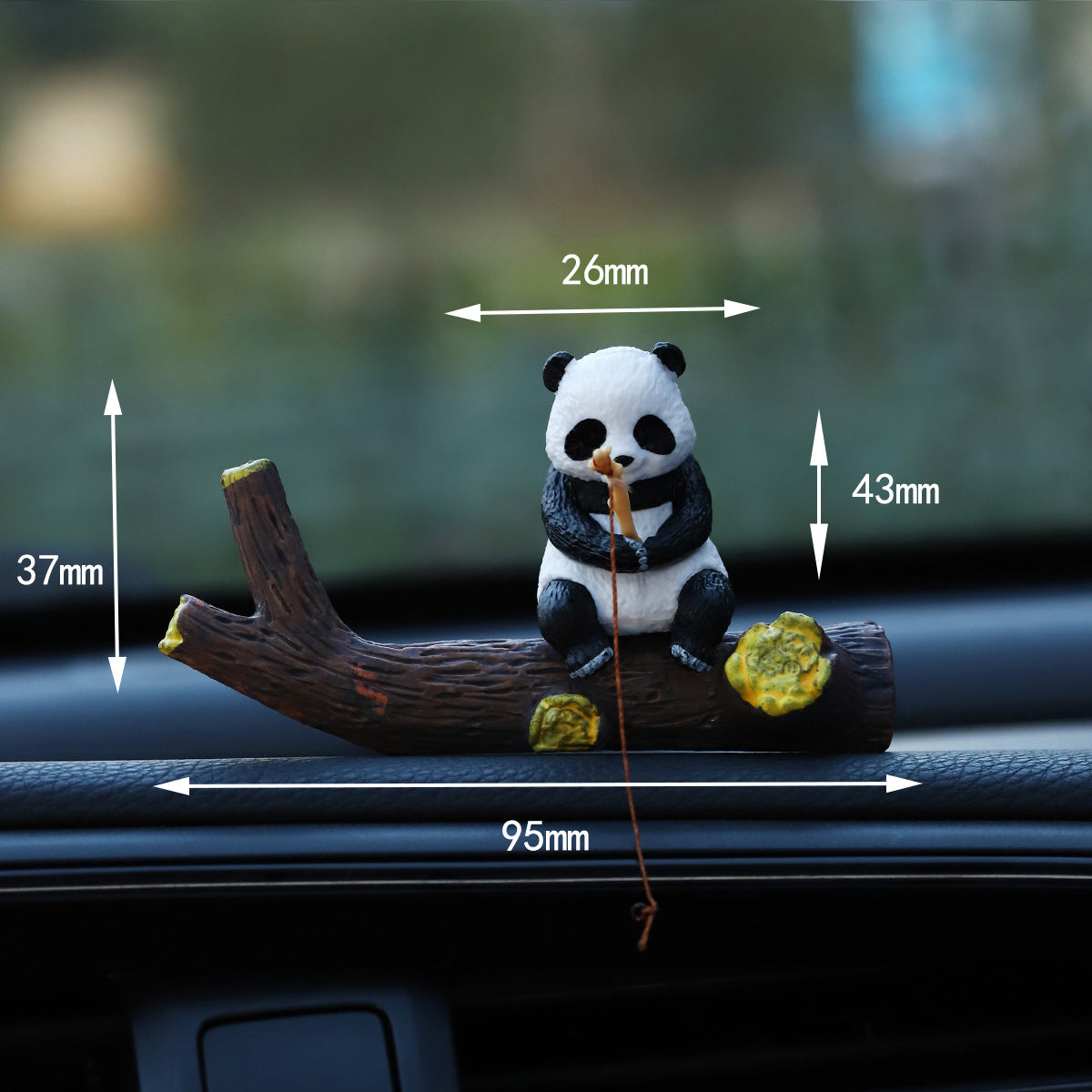 Panda sitting on the resin branch with a rod, maker sizes marked 26 and 43 mm