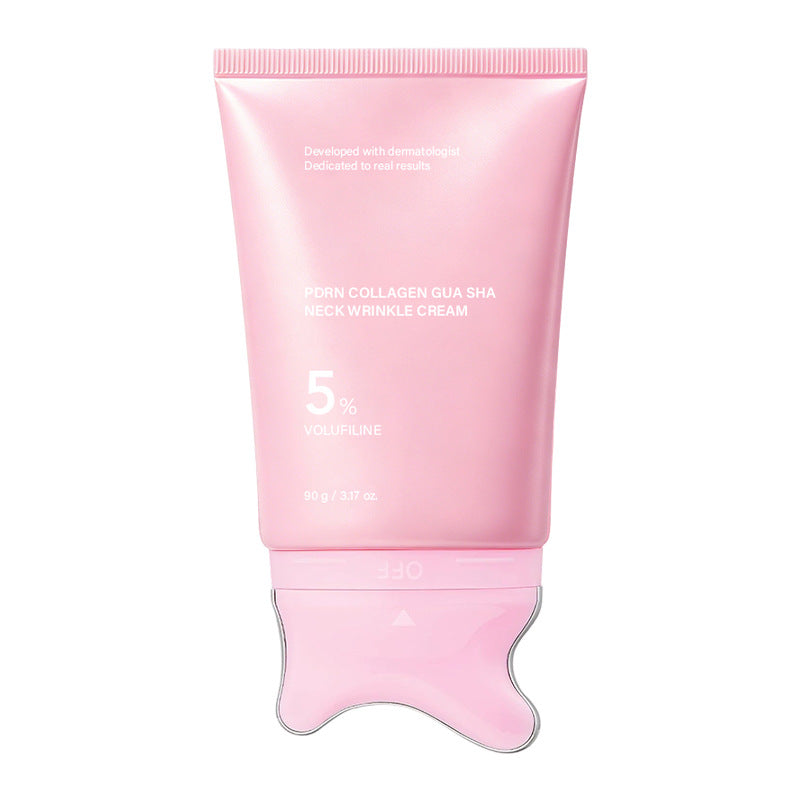Pink neck cream tube photographed upright, showing the printed panel and the twist open collar