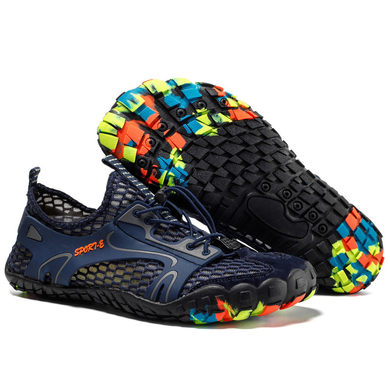 Water sports shoe outsole showing the multi color rubber lugs for wet grip