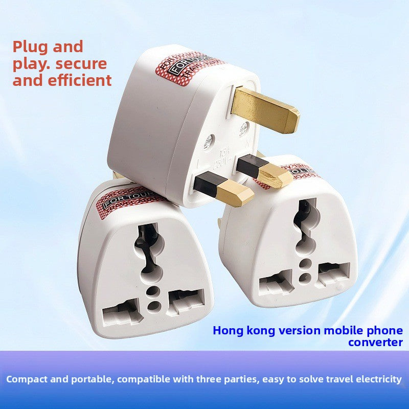 Two travel plug adapters showing the universal input socket and three pin output