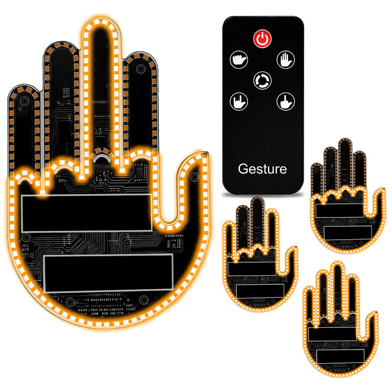Amber LED hand-shaped panel with a remote labelled Gesture and four smaller hand lights on a white background