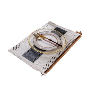 Knitted Colorblock Striped Tasseled Bowl Mat | front view product hero shot