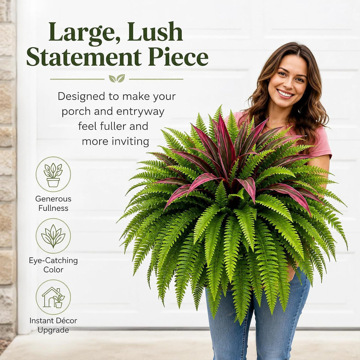 Woman holding a large fern with pink and grey Dracaena leaves, Persian and Dracaena option, 72 heads