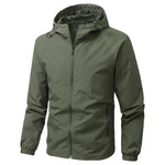 Mens lightweight nylon hooded shell jacket in army green shown on a plain background