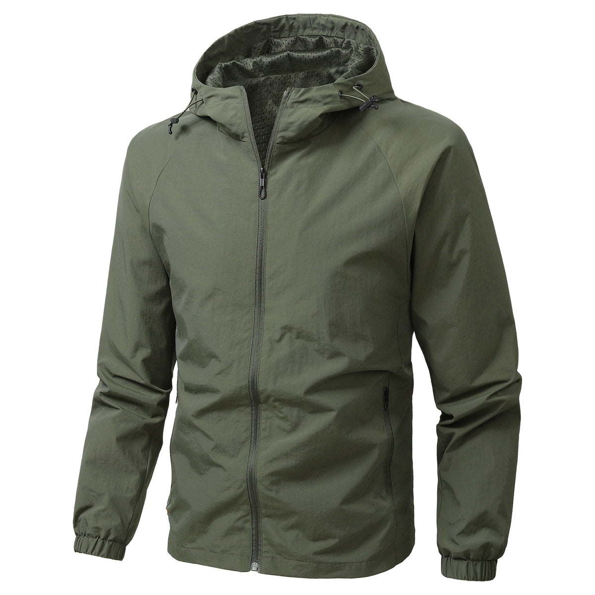 Mens lightweight nylon hooded shell jacket in army green shown on a plain background