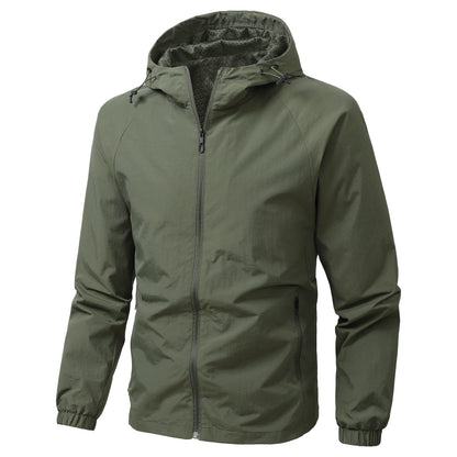 Mens lightweight nylon hooded shell jacket in army green shown on a plain background