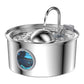 Round steel pet fountain running a clear arc of water from a curved gooseneck spout