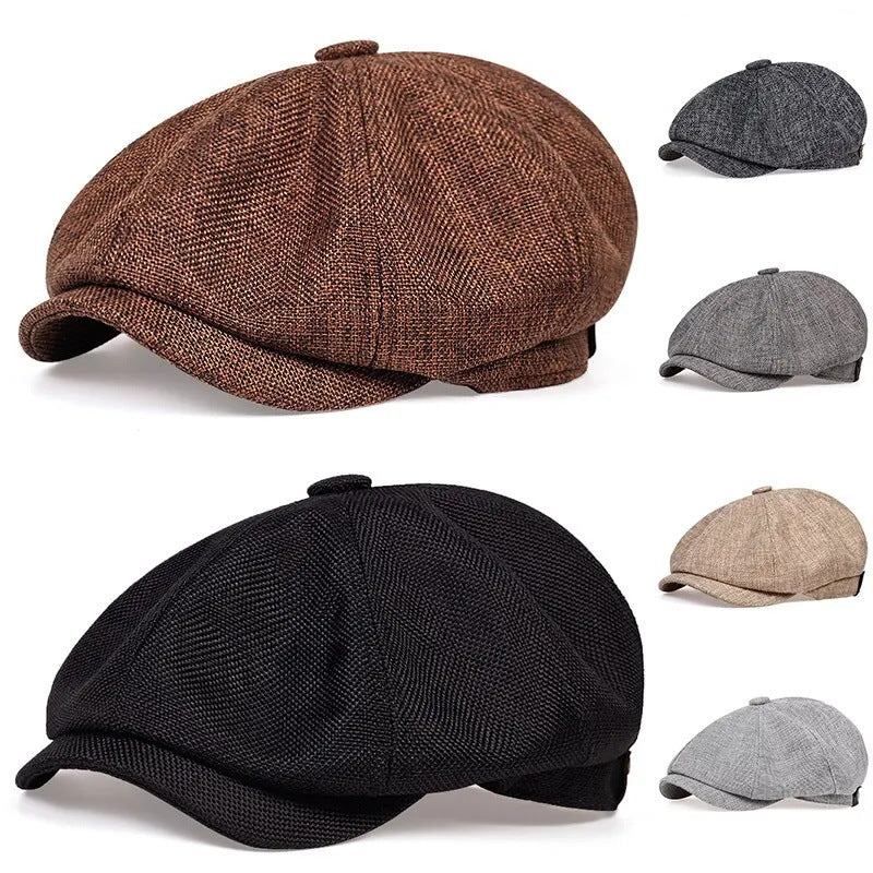 Eight panel vintage newsboy cap in a woven cotton blend with a short front brim and top button