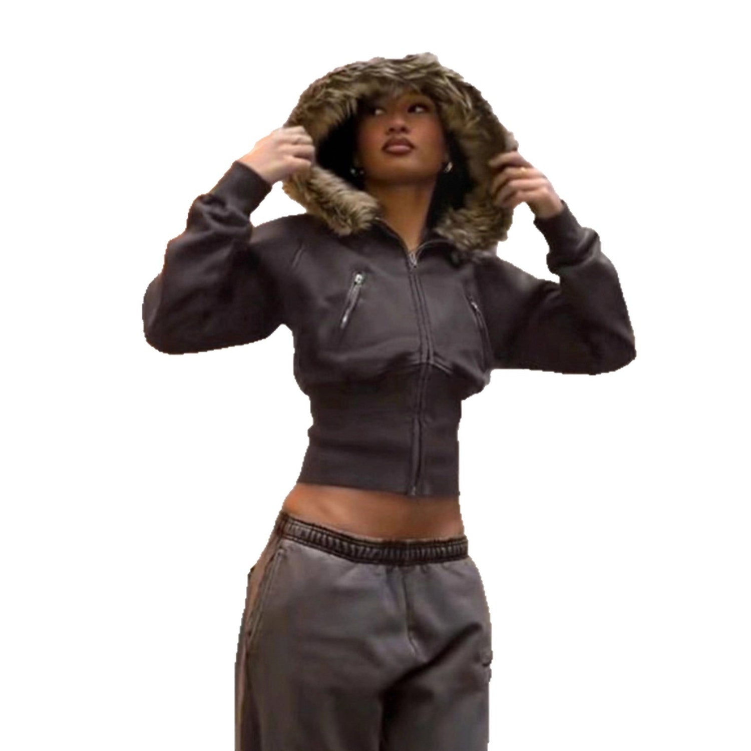 Model with hood up in the brown cropped fur trimmed hooded jacket framing the face with plush fur