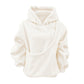 Cream plush fleece hoodie with a diagonal pouch pocket and drawstring hood, option photo for size S