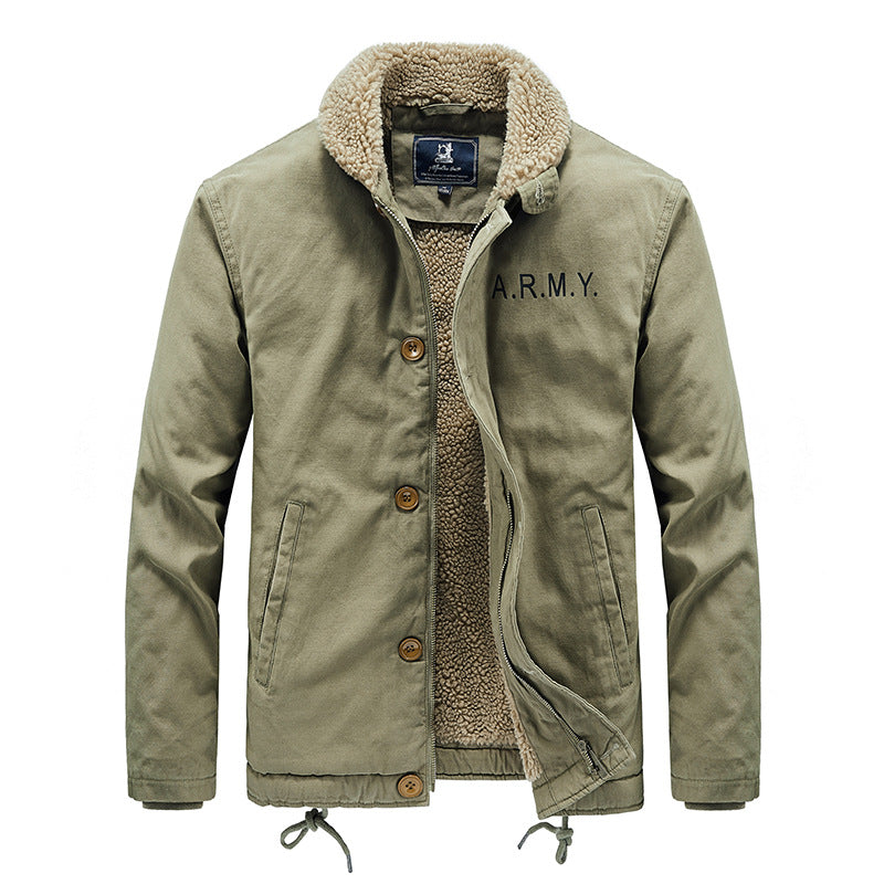 Mens cotton jacket with fleece collar shown from a three quarter angle