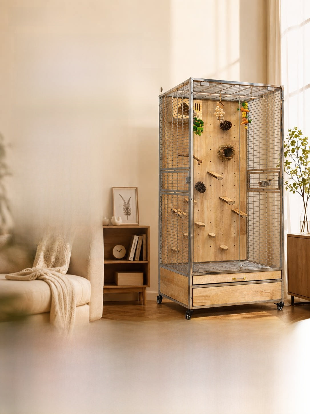 Tall stainless steel and wood parrot cage on casters with perches and hanging toys, beside a sofa and a bookshelf