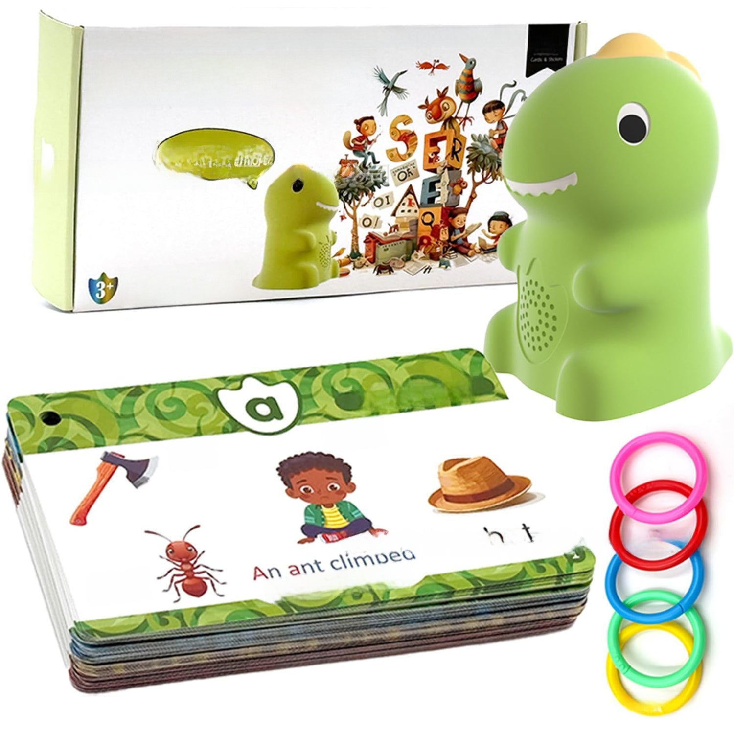 Retail box, green reader and phonics cards on colorful plastic binder rings for kids