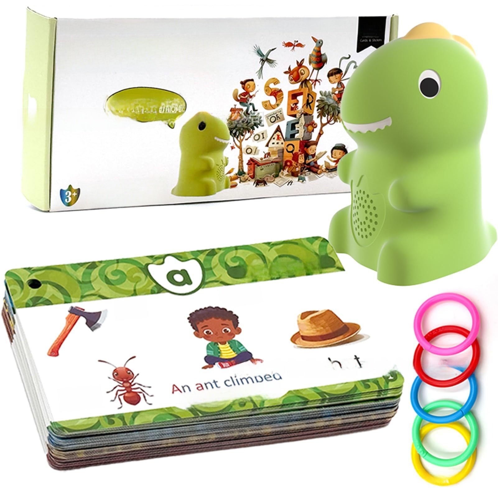 Retail box, green reader and phonics cards on colorful plastic binder rings for kids