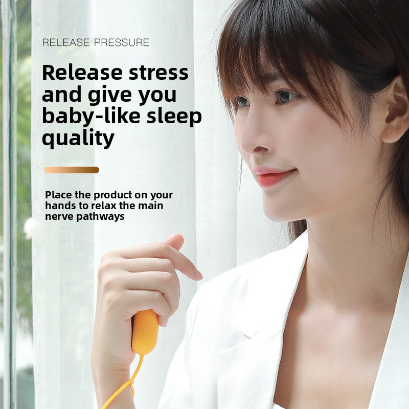 Close detail of the stainless steel contact plate on the handheld sleep aid relaxation device