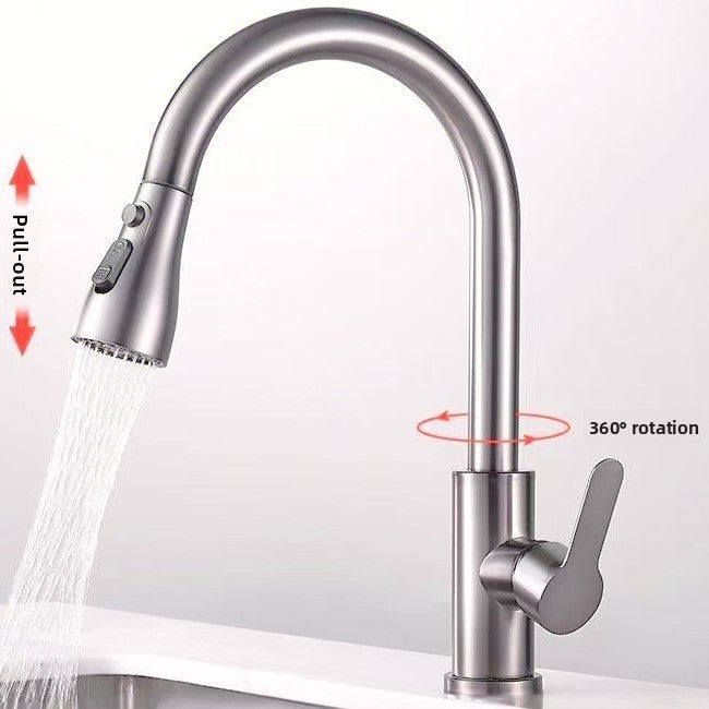 Brushed faucet running, arrows marking the pull out travel of the head and the 360 degree rotation
