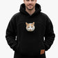 Black sherpa fleece pet pouch hoodie on a man with a cat riding in the chest pouch