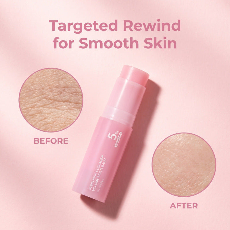 Pink collagen balm skincare product, showing the twist up stick with the cap removed