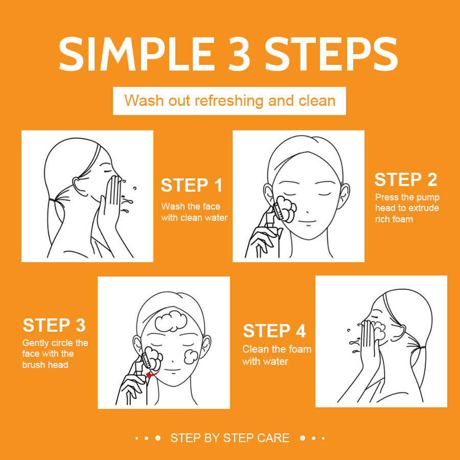 Maker diagram of four washing steps drawn as line art with the pump bottle and brush head
