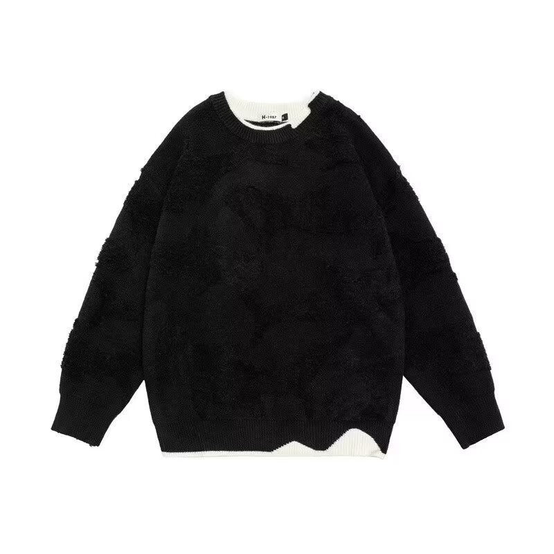 Black whale jacquard knit sweater with white inner collar and wavy hem, flat view, size M option