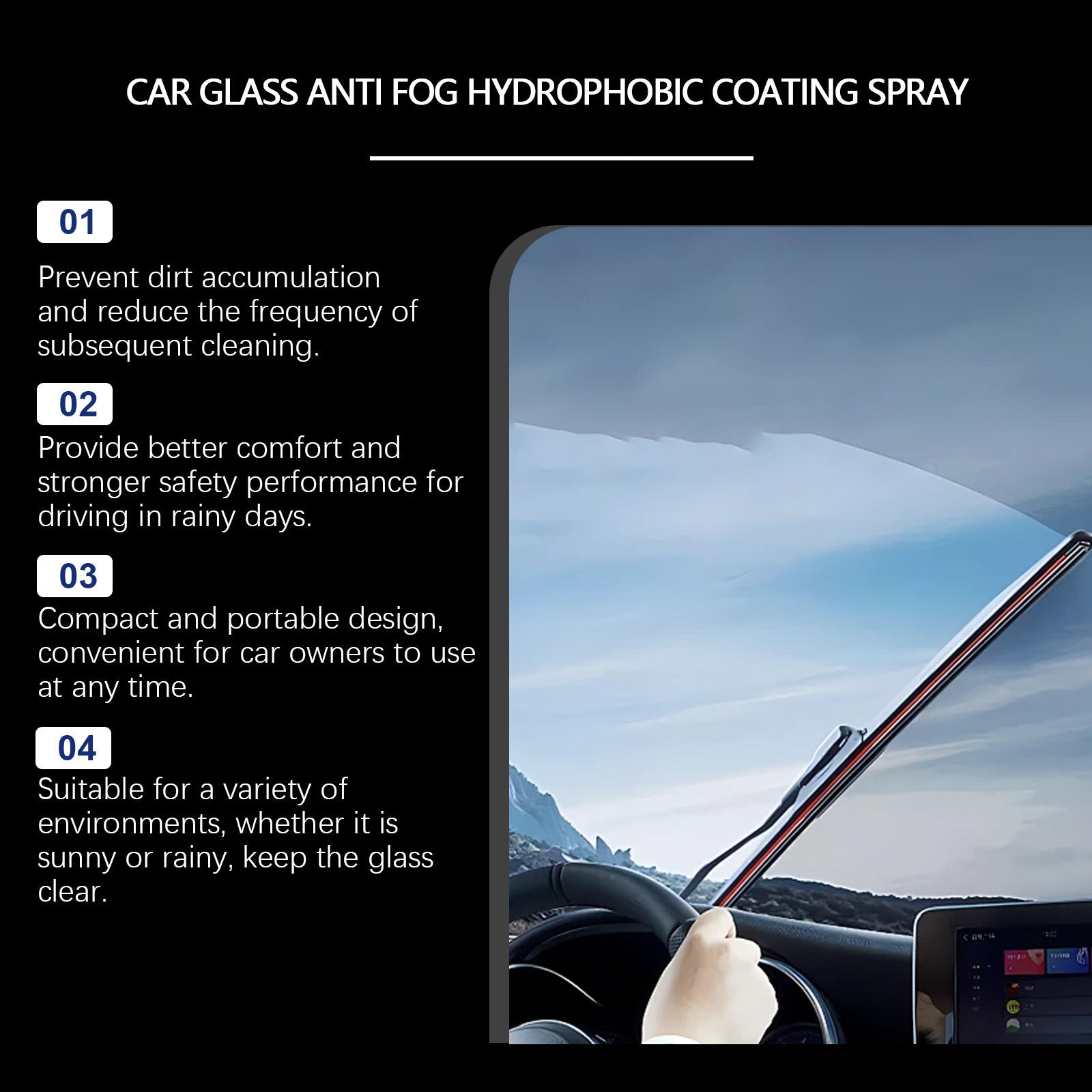 Maker panel listing four selling points beside a photo of a wiper crossing a windscreen