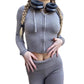 Ribbed knit two piece set worn seated to show the close fit