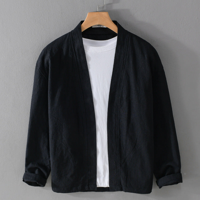 Black ramie blend open front jacket with a stand collar and roll back cuffs