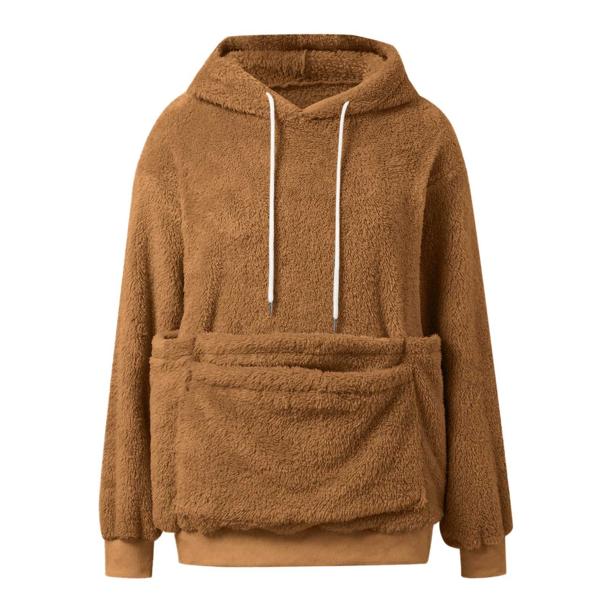 Amber option, size XL: plush fleece hooded sweatshirt with white drawstrings and large front pocket