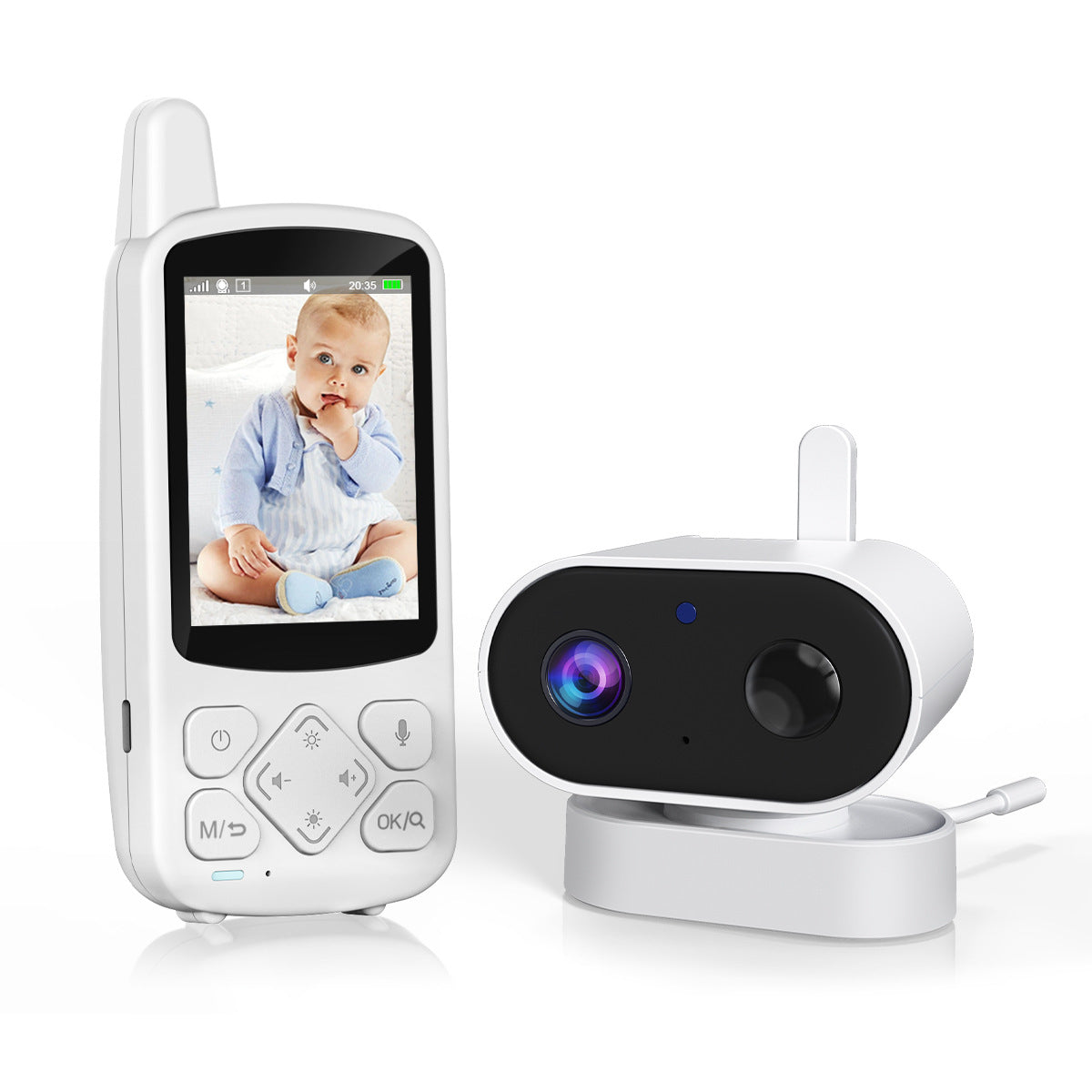 Handheld baby monitor parent unit with an antenna and a small white camera on a stand, a baby on the screen