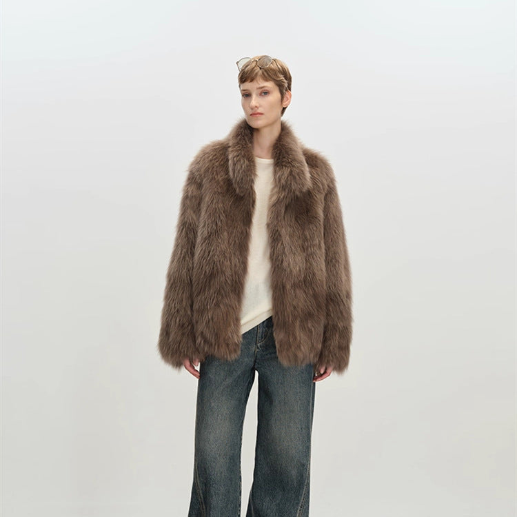 Taupe brown long pile faux fur coat with a stand collar and dropped shoulder